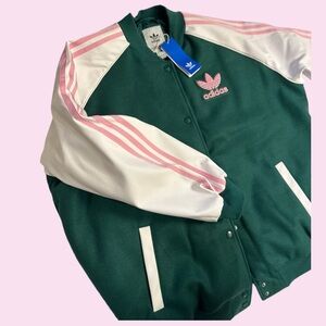 Adidas Varsity Jacket Green w/pink stripes oversized Small (fits small-Large)